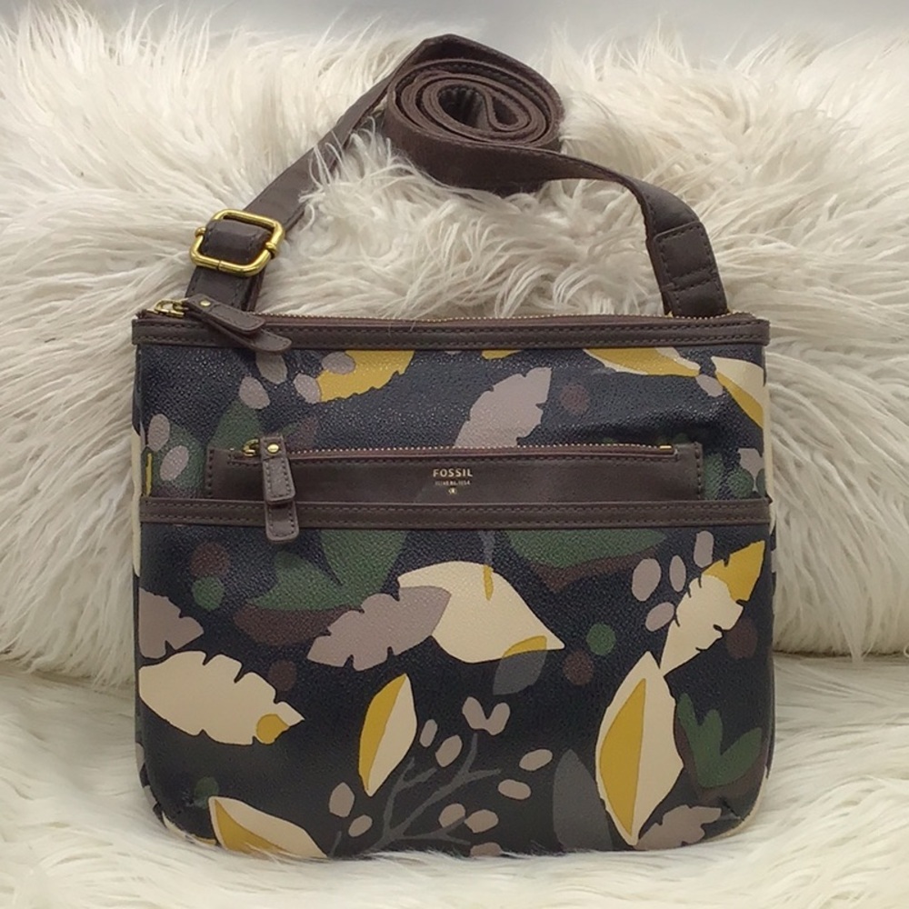 Fossil Black Floral Print Coated Leather Crossbody Bag